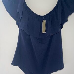 NWT J. Crew Navy Blue Ruffle Bodysuit Off-the-Shoulder XL